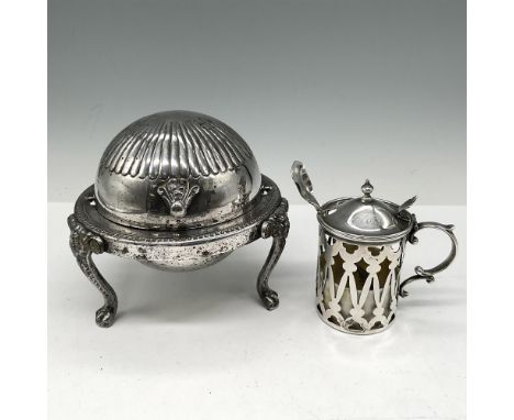 Footed sauce server with roll shade lid - FB Rogers impressed mark and W&amp;R Silver and China Mustard cup with spoon. FB Ro