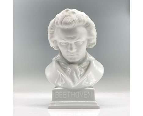 White porcelain bust of Ludwig van Beethoven (1770-1827), the iconic German composer and pianist. The head is matte and the r