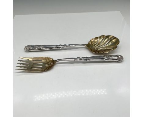 Designed silver handles with gold toned spoon head and fork. IFS Ltd. Sheffield England impressed mark. 268g. Issued: 20th ce