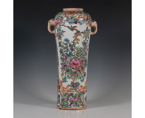 Beautiful large original Chinese hand-painted white porcelain slender vase that features two elephant heads handles and, on t