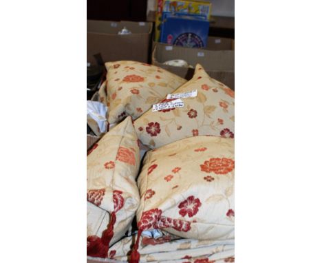 Two pairs of lined curtains, 2.2m drop x 2.6m wide together with four matching cushions