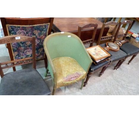 A wheel barometer (A.F), a loom chair, a set of four late Victorian dining chairs and miscellaneous prints