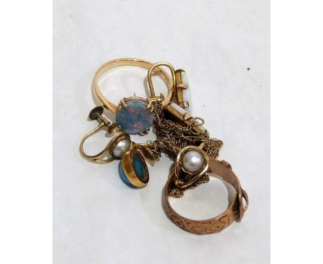 Miscellaneous 9ct jewellery to include a buckle ring, opal set ring, opal earrings, pendant etc. 13.3g gross