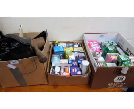 A box of sundries and two boxes of light bulbs