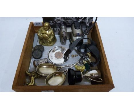 A box of sundry objects to include silver plate, brass Buddha, camera etc