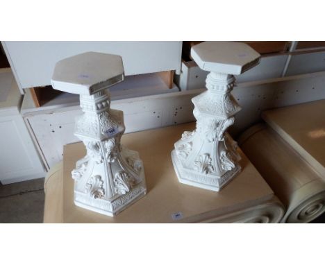 A pair of ceramic leaf moulded pedestals. 20'' high