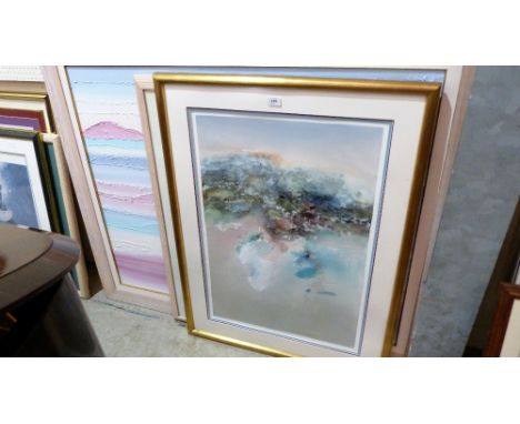 An abstract oil, watercolour flower piece and a print