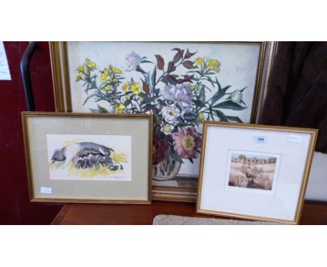 A flower piece oil on board by Alwyn Jenkins, a watercolour of pigs by Audrey Hammond and a print of pigs after Laura Boyd
