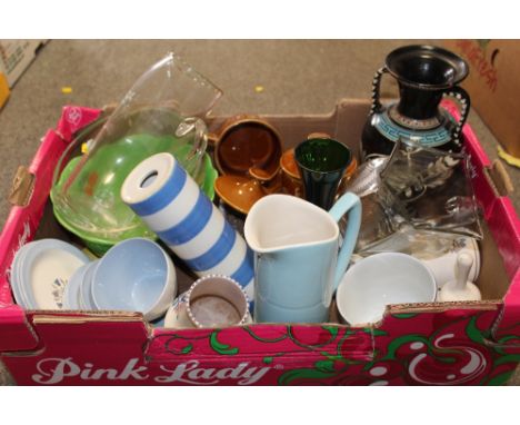 A TRAY OF ASSORTED CERAMICS AND GLASSWARE TO INCLUDE A T.G. GREEN STYLE ROLLING PIN, PORTMEIRION AND SPODE