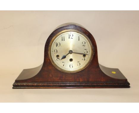 AN OAK CASED NAPOLEON HAT MANTEL CLOCK