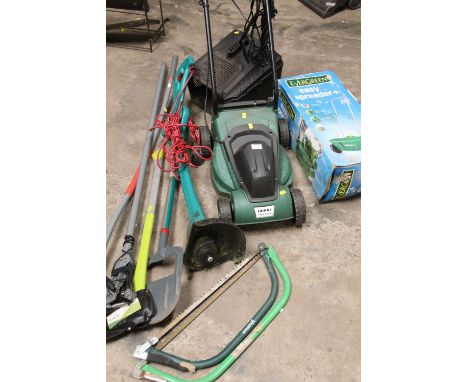 AN ELECTRIC LAWNMOWER TOGETHER WITH AN ELECTRIC BOSCH STRIMMER AND A SMALL COLLECTION OF GARDEN TOOLS