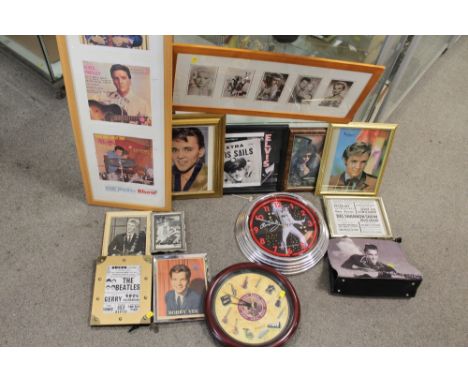 A BOX OF ELVIS PRESLEY MEMORABILIA TO INCLUDE A LIGHT UP WALL CLOCK TOGETHER WITH A COLLECTION OF PRINTS, MAINLY ELVIS (PLAST