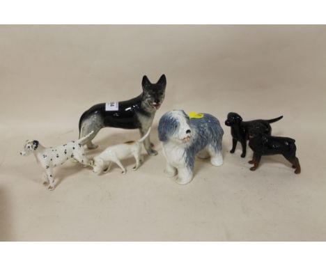 A COLLECTION OF BESWICK AND SYLVAC DOG FIGURES, TO INCLUDE A GOLD STAMPED LABRADOR, HUNTING HOUND ETC 