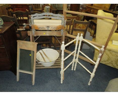 A VINTAGE ACME MANGLE WITH STAND, TOGETHER WITH AN ENAMEL BASIN, TONGS, SCRUB BOARD AND TWO CLOTHES HORSES