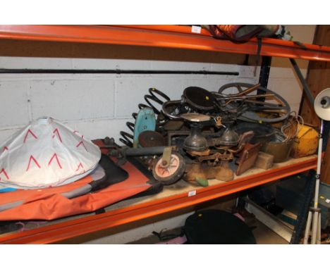 A QUANTITY OF METALWARE ETC, TO INCLUDE SCALES, JOCKEY WHEEL, TOOL BOX ETC