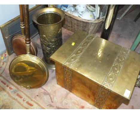 A BRASS COVERED COAL BOX, STICK STAND AND TWO WARMING PANS