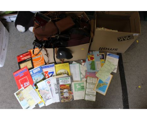 A SMALL BOX OF ORDNANCE SURVEY MAPS TOGETHER WITH A BOX OF VINTAGE CAMERA CASES