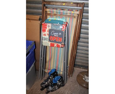 TWO VINTAGE FOLDABLE CHAIRS, TWO FOLD UP STOOLS, AN ARCHED MIRROR AND A PAIR OF ROLLER BLADES