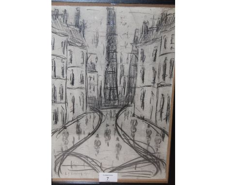 A FRAMED AND GLAZED PENCIL SKETCH IN THE STYLE OF LOWRY - H 35 CM X W 24 CM