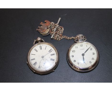 A SILVER CASED POCKET WATCH TOGETHER WITH A TIMEX EXAMPLE ON CHAIN