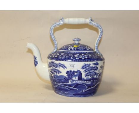 A BLUE AND WHITE TOWER PATTERN SPODE OVERSIZED TEA POT, H 30 CM DAMAGE TO SPOUT