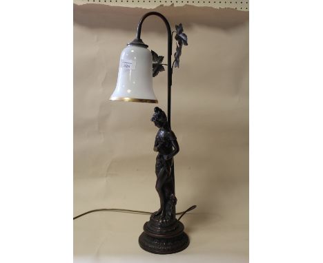 A RESIN FIGURAL TABLE LAMP WITH GLASS SHADE, OVERALL HEIGHT 68 CM