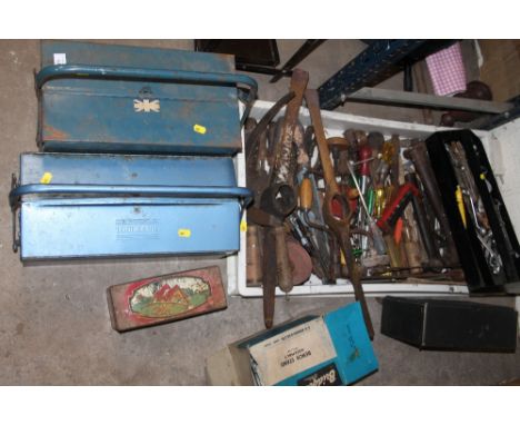 A TRAY OF TOOLS AND PARTS ETC PLUS TWO TOOLBOXES WITH CONTENTS