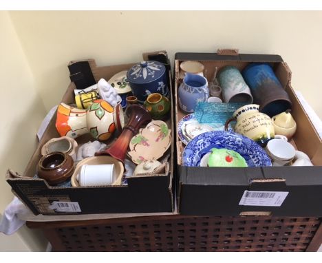 FOUR TRAYS OF CHINA AND CERAMICS TO INCLUDE ADAMS JASPERWARE, SPODE, SHELLEY ETC.