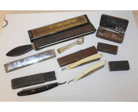 A BOX OF VINTAGE CUT THROAT RAZORS, KROPP DUPLEX RAZOR STROP, HARMONICA ETC. 