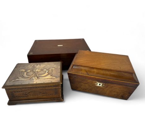 A 19th century mahogany writing slope, a mahogany workbox and an Art Nouveau box&nbsp;
The writing slope inlaid with mother-o