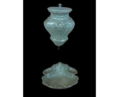 A late 19th century French light blue / green enamelled cast iron lavabo / fountain by Scellier &amp; Cie.
The shell-moulded 