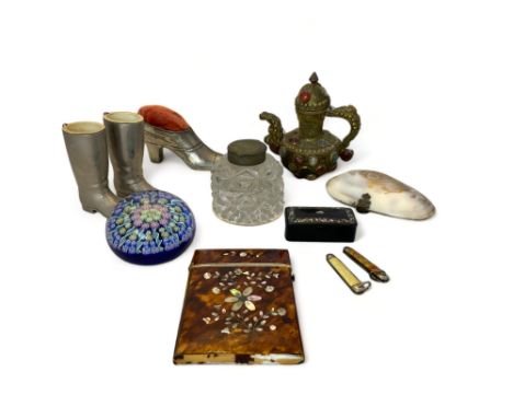 A group of objects de vertu
Comprising a 19th century tortoiseshell, ivory and mother of pearl inlaid card case, 11cm high, a