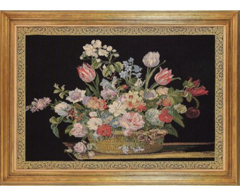 A large Belgian Metrax tapestry depicting a still life of a vase of flowers
In a bolection moulded hand decorated and gilded 