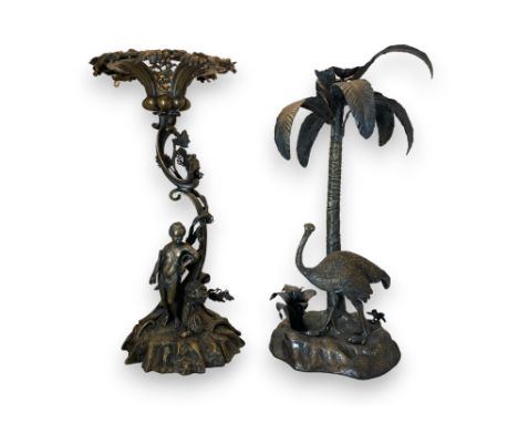 Two 19th century electroplated candlestick centrepieces
One in the form of an ostrich under a palm tree (a.f), the other in t