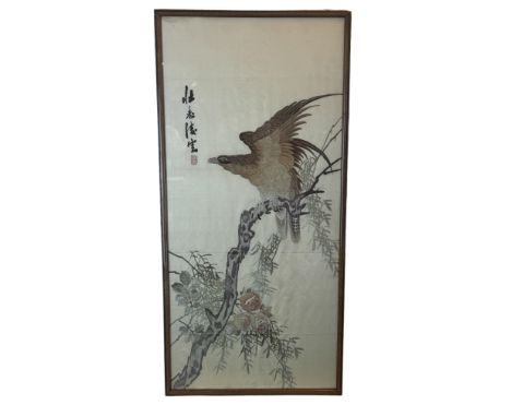 Chinese School, first half 20th century
Two silk embroidered pictures of birds
One depicting an eagle perching on a branch, s