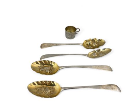 A George III Irish silver christening cup, Charles Townshend, Dublin and a pair of Regency berry spoons and two others
The pa