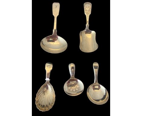 A group of five silver caddy spoons
Comprising of a spoon with circular bowl, initialled, William Eley &amp; William Fearn, L