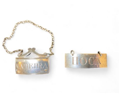 A silver 'Madeira' decanter label, John Reily, London, 1802 and a white metal 'Hock' decanter label of similar date, unmarked