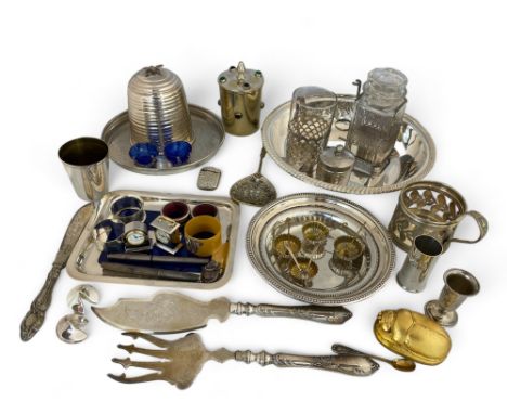 A group lot of silver plate and objects de vertu
Including a small French rectangular tray inset with sodolite, 21cm wide, a 