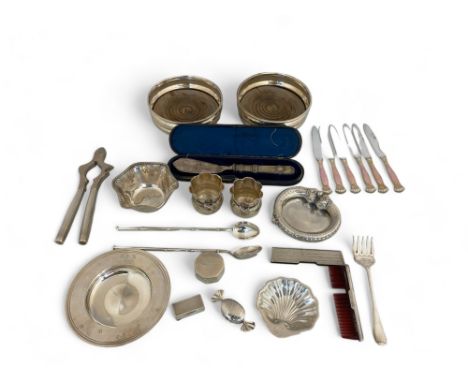 A group of various English and Continental silver and silver plated items
Including a pair of wine coasters with turned bases