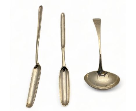 A George III Irish silver marrow scoop, Dublin, circa 1790, a George III Irish silver sauce ladle, Dublin, 1810 and a George 