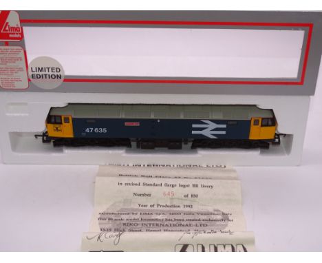 OO GAUGE - A Lima Class 47 diesel locomotive, 47635 Jimmy Milne, in Large Logo Blue livery, #645 of 850 (Riko) E in VG box