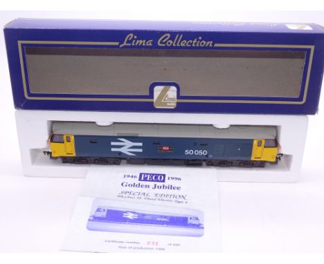 OO GAUGE - A Lima Class 50 diesel locomotive, 50050 Peco Golden Jubilee, in Large Logo Blue, #231 of 500 (Peco) E in VG box