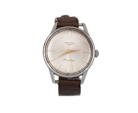 LONGINES FLAGSHIP STAINLESS STEEL MANUAL WIND WRIST WATCH, the silvered round dial with gilt baton hour markers, 35.5mm case,