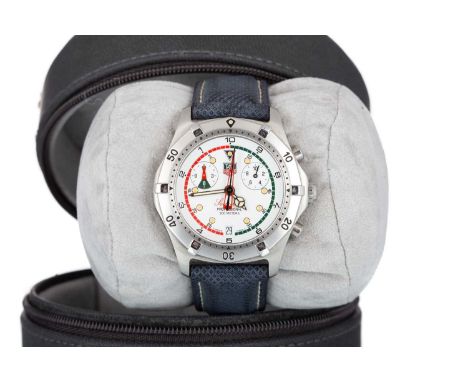 TAG HEUER, SEARACER STAINLESS STEEL WRIST WATCH, the round dial with dot hour markers, subsidiary dials and red and green sca