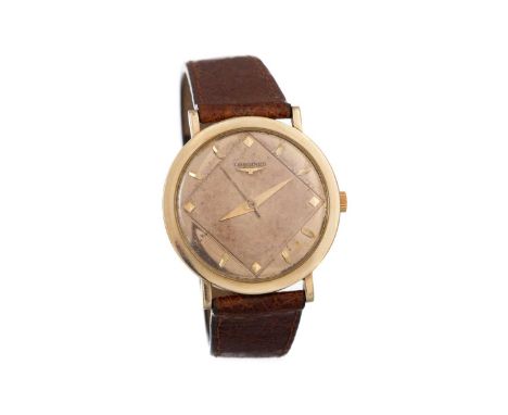 LONGINES FOURTEEN CARAT GOLD MANUAL WIND WRIST WATCH,  the round dial with 3D hour markers, 33mm case, on a brown leather str