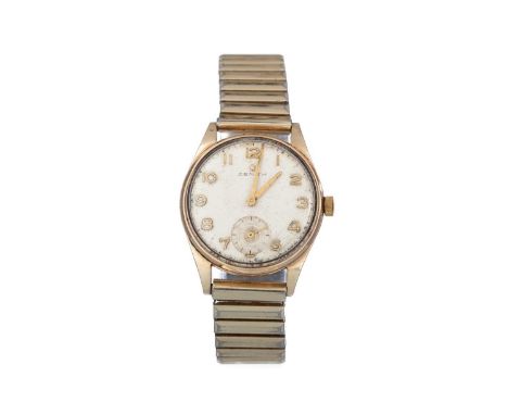 ZENITH NINE CARAT GOLD CASED MANUAL WIND WRIST WATCH, the round dial with Arabic hour markers, 31mm case, on a gold plated ex