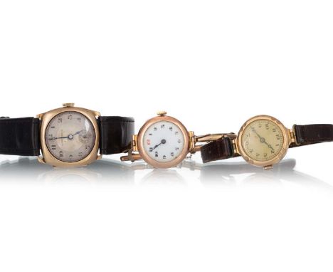 THREE GOLD CASED WRIST WATCHES, each manual wind, two on a leather strap and one on an expanding bracelet marked 9CTOne overw