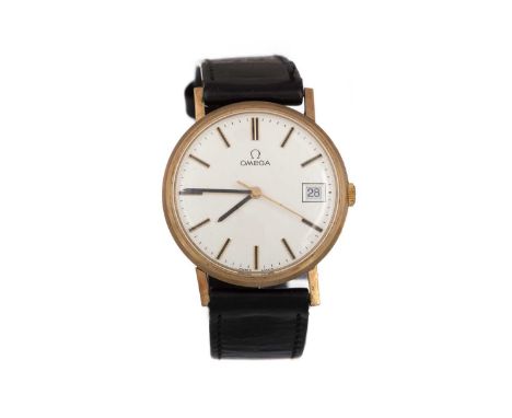OMEGA NINE CARAT GOLD MANUAL WIND WRIST WATCH, the round dial with baton hour markers and subsidiary seconds, 34mm case, on a
