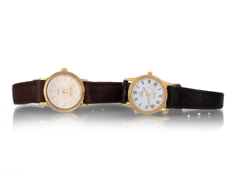OMEGA, TWO GOLD PLATED WRIST WATCHES, each of similar style, one on a black strap, the other brown, in box, with spare Omega 